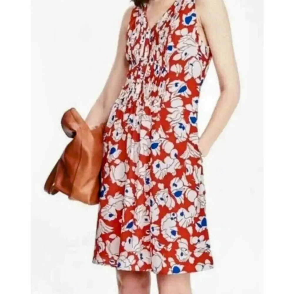 Banana Republic Womens Red Floral Pintuck Pleated Sleeveless V-Neck Dress 14 - Picture 1 of 13